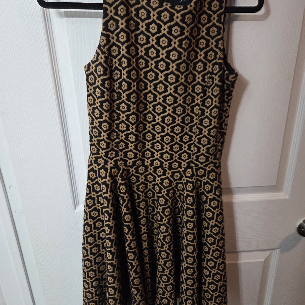 Cynthia Rowley Sleeveless Knit Fit, Flare Dress Black Tan Geometric Pattern (Xs)